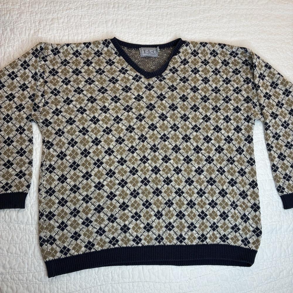 Vtg 90's TLC by Lambert Mens L cotton knit sweater geometric USA grandpa *repair